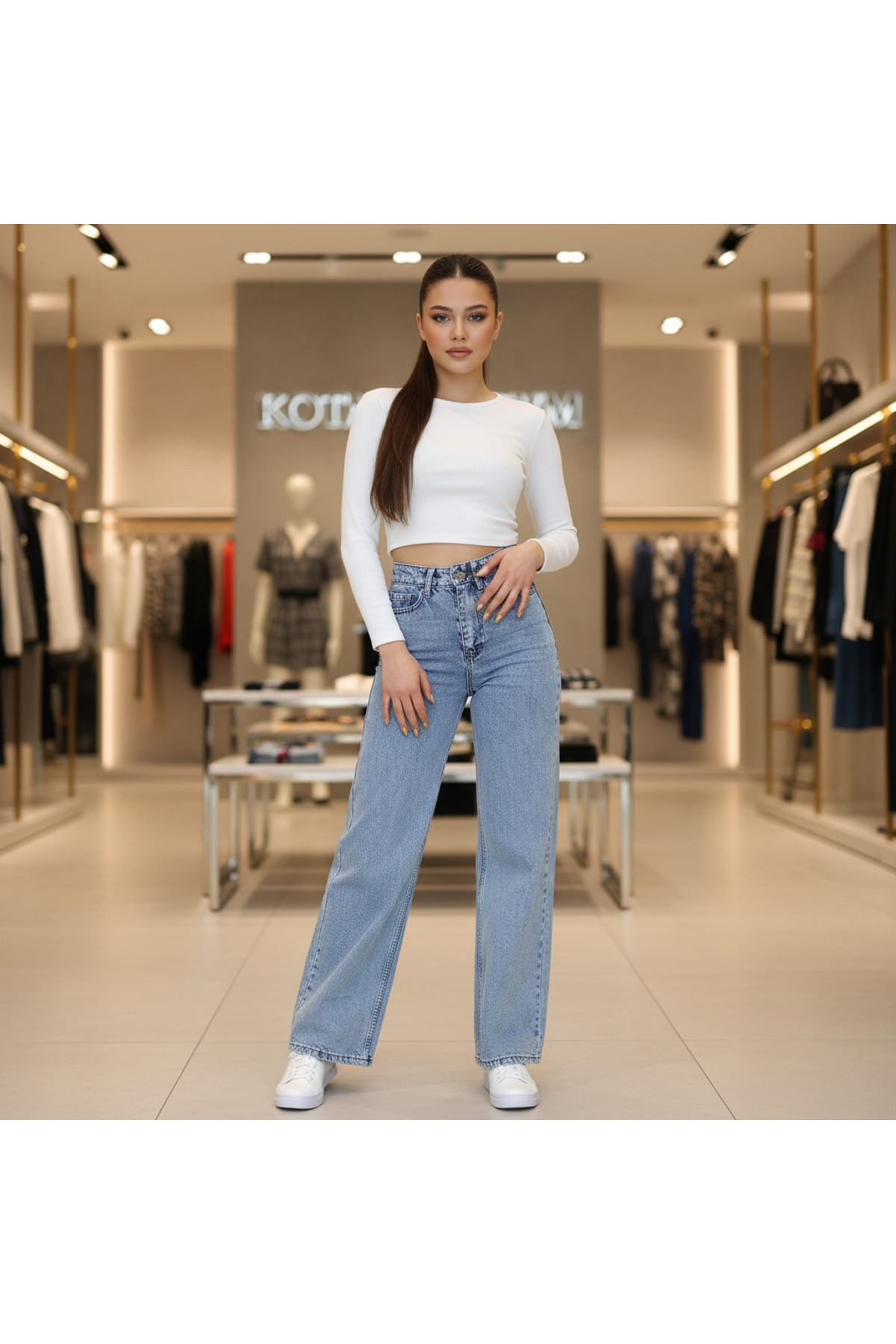 Açık Mavi Kar Yıkama Palazzo Salaş Paça Yüksek Bel Jean Pantolon 34/46