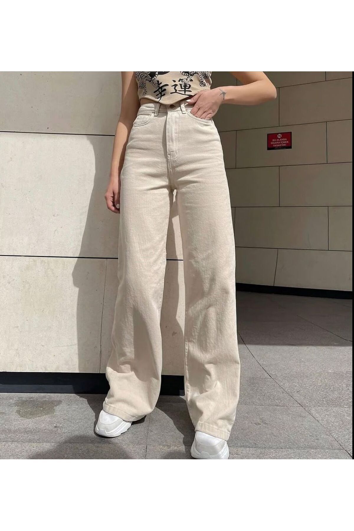 PALAZZO BEJ %100 Pamuk Yüksek Bel Salaş Wide Leg Jeans