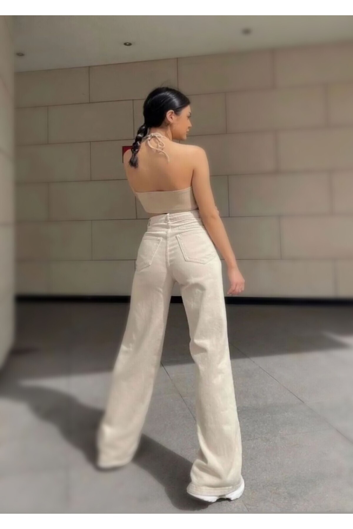 PALAZZO BEJ %100 Pamuk Yüksek Bel Salaş Wide Leg Jeans