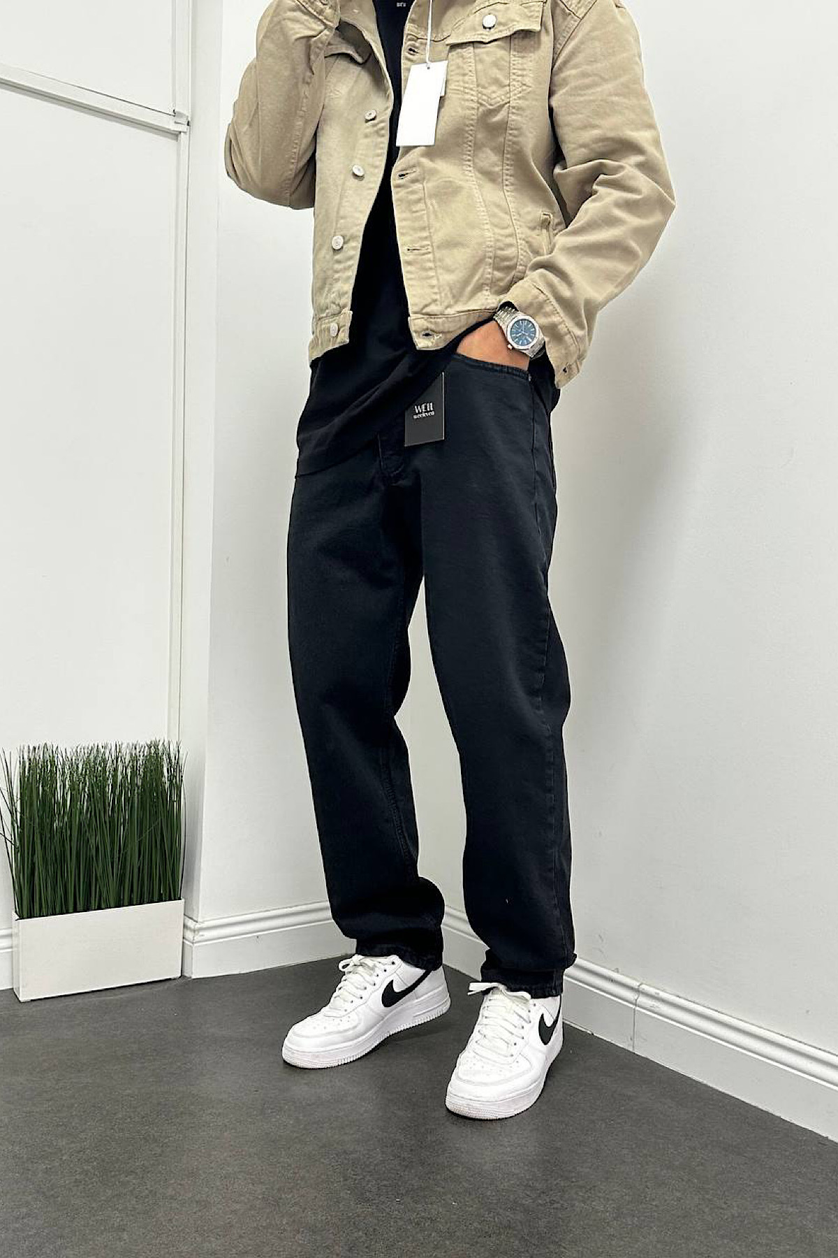 Siyah Renk Eskitme Yıkamalı Rahat Kalıp Baggy Pantolon