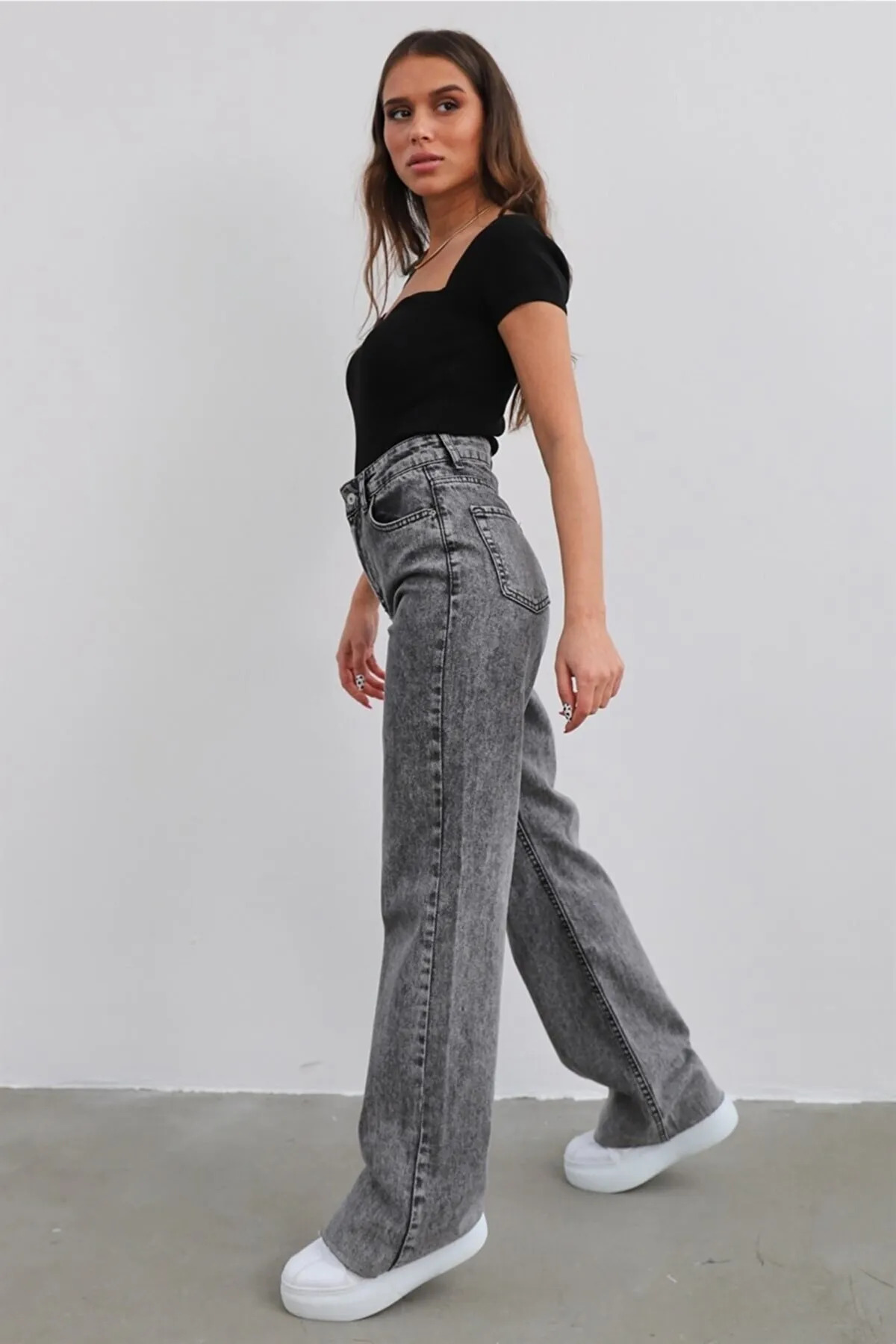 Bery Kadın Füme Yüksel Bel Likralı Bol Paça Kot Pantolon