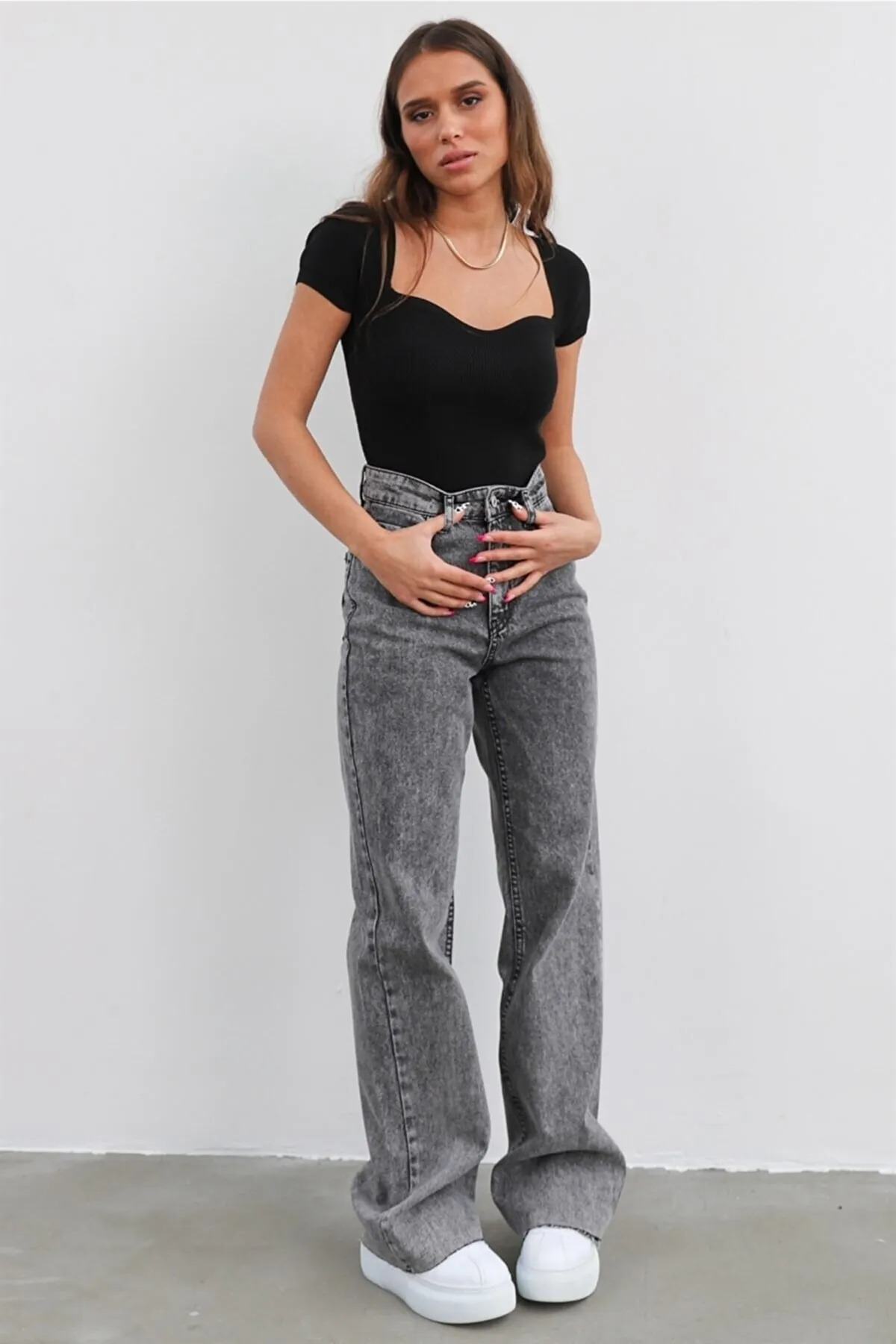 Bery Kadın Füme Yüksel Bel Likralı Bol Paça Kot Pantolon