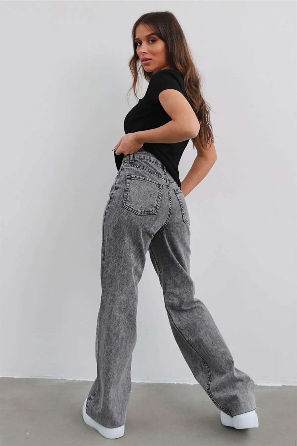 Bery Kadın Füme Yüksel Bel Likralı Bol Paça Kot Pantolon