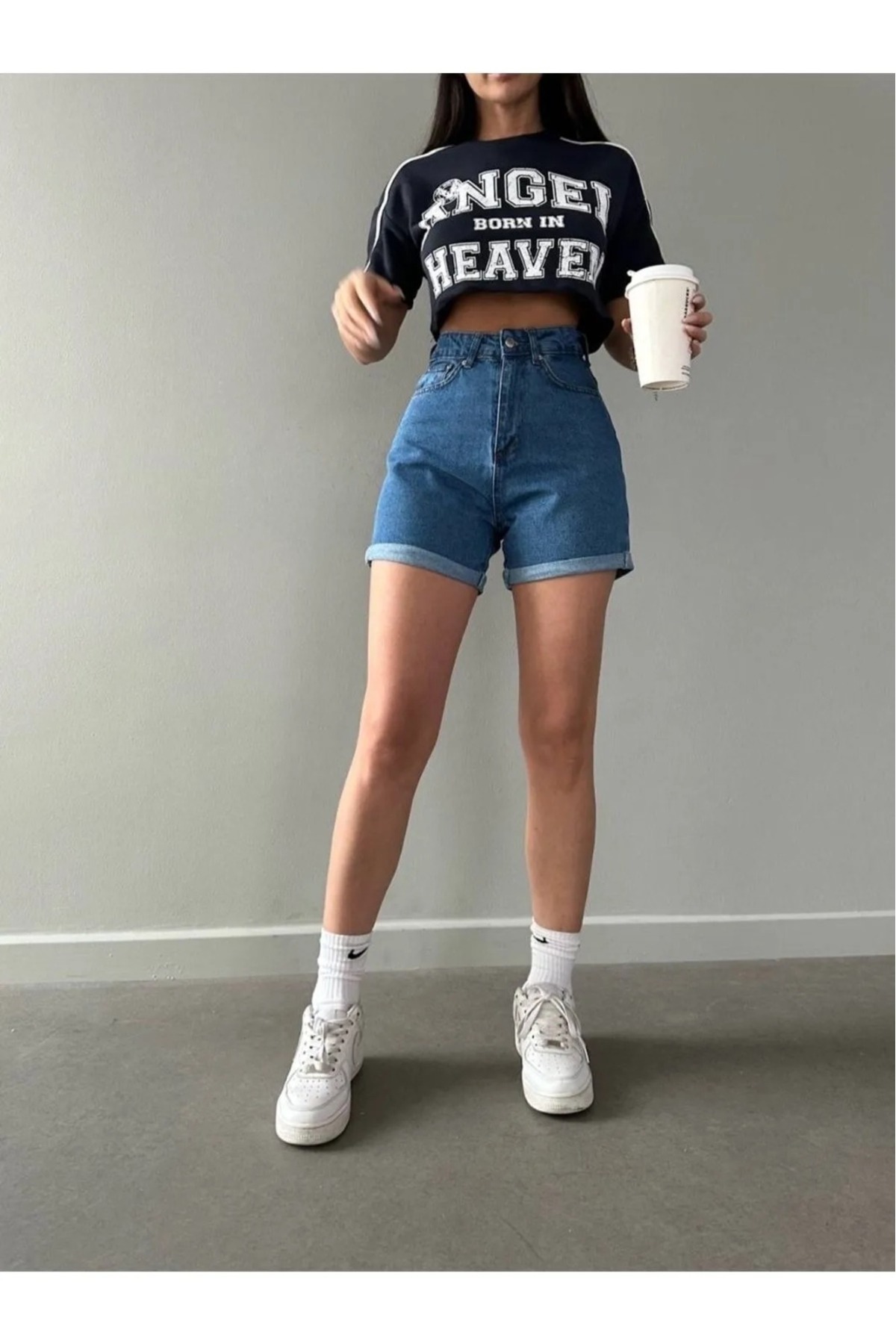 Kadın Mavi Kot Şort Duble Paça Denim Likralı Toparlayıcı Premium