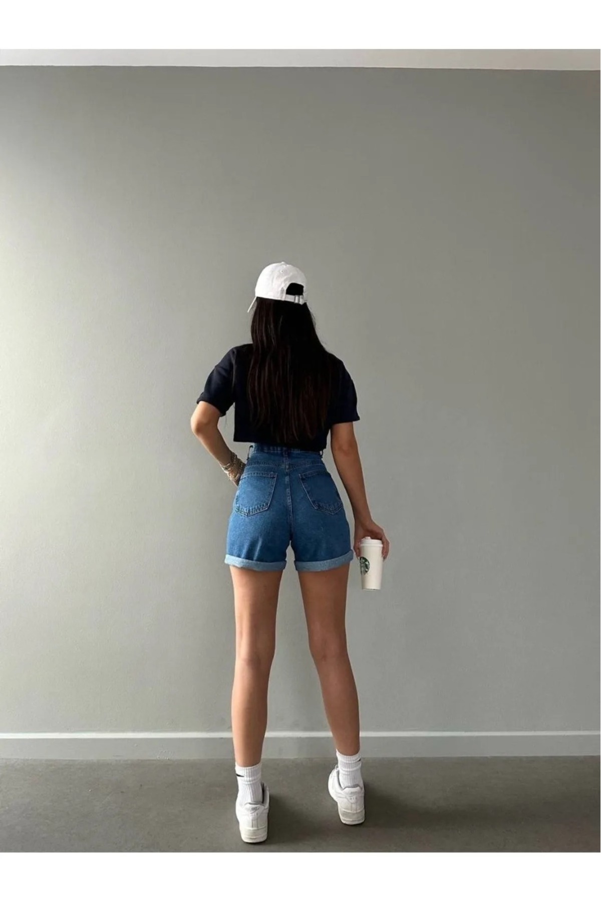 Kadın Mavi Kot Şort Duble Paça Denim Likralı Toparlayıcı Premium