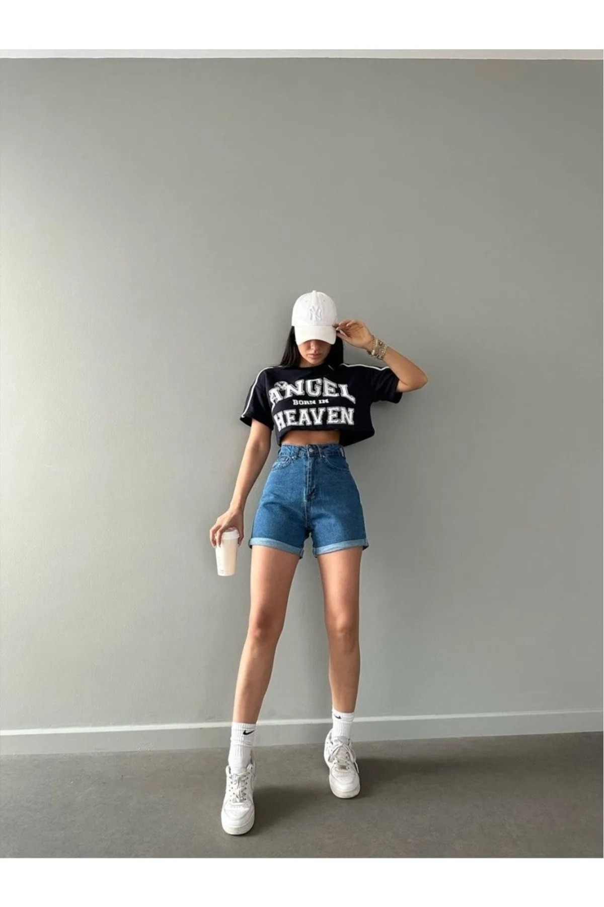 Kadın Mavi Kot Şort Duble Paça Denim Likralı Toparlayıcı Premium